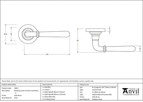 From The Anvil - Satin Brass Newbury Lever on Rose Set (Plain) - Unsprung | Sku. 50857 | Trade Door Handles.