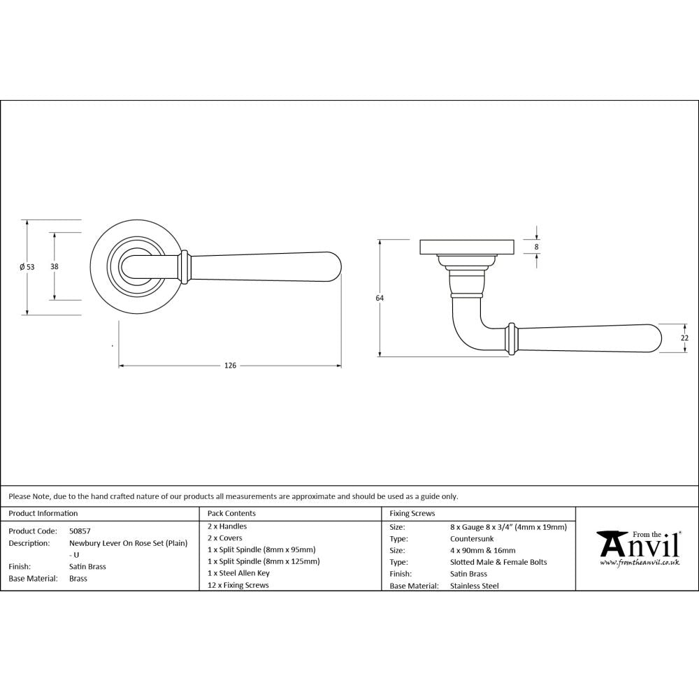 From The Anvil - Satin Brass Newbury Lever on Rose Set (Plain) - Unsprung | Sku. 50857 | Trade Door Handles.