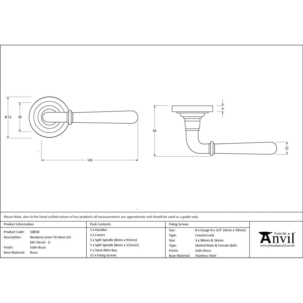 From The Anvil - Satin Brass Newbury Lever on Rose Set (Art Deco) - Unsprung | Sku. 50858 | Trade Door Handles.
