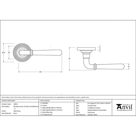 From The Anvil - Satin Brass Newbury Lever on Rose Set (Beehive) - Unsprung | Sku. 50859 | Trade Door Handles.