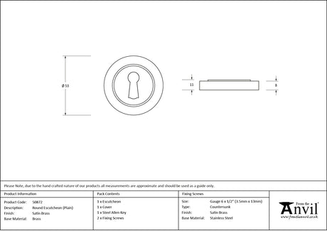 From The Anvil - Satin Brass Round Escutcheon (Plain) | Sku. 50872 | Trade Door Handles.