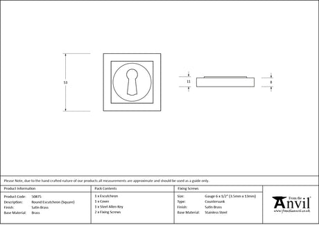 From The Anvil - Satin Brass Round Escutcheon (Square) | Sku. 50875 | Trade Door Handles.