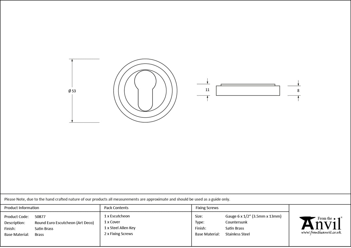 From The Anvil - Satin Brass Round Euro Escutcheon (Art Deco) | Sku. 50877 | Trade Door Handles.