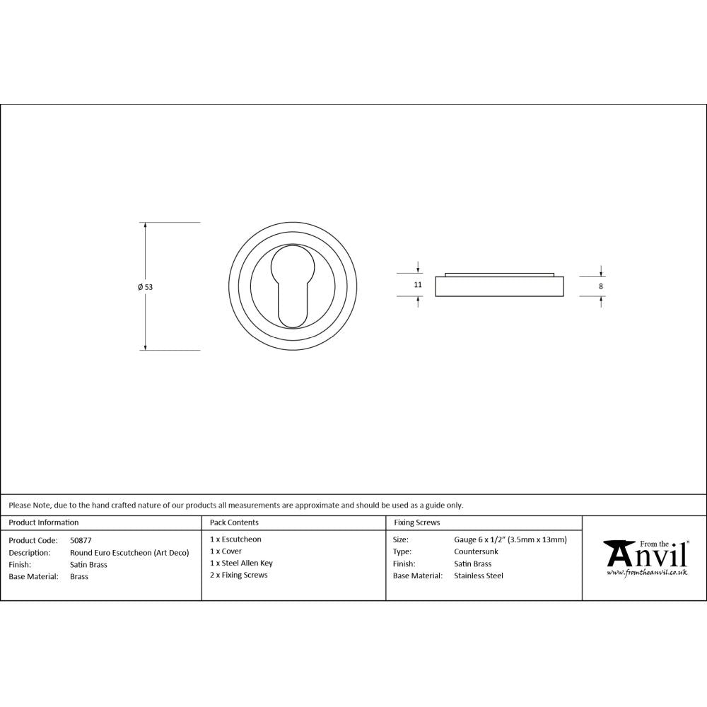 From The Anvil - Satin Brass Round Euro Escutcheon (Art Deco) | Sku. 50877 | Trade Door Handles.