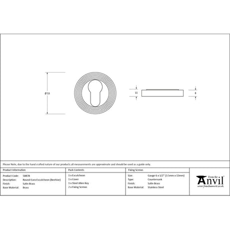 From The Anvil - Satin Brass Round Euro Escutcheon (Beehive) | Sku. 50878 | Trade Door Handles.
