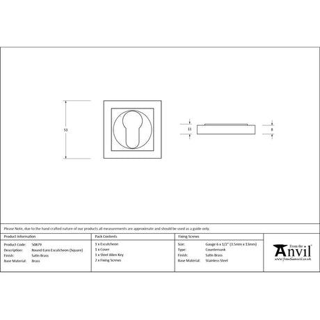 From The Anvil - Satin Brass Round Euro Escutcheon (Square) | Sku. 50879 | Trade Door Handles.