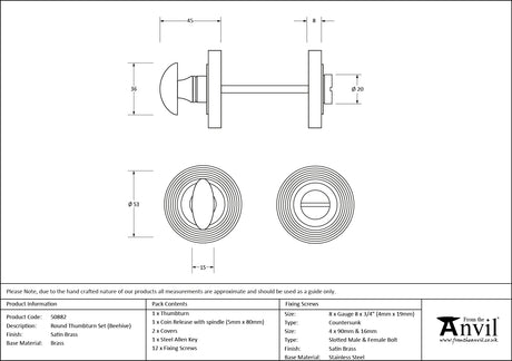 From The Anvil - Satin Brass Round Thumbturn Set (Beehive) | Sku. 50882 | Trade Door Handles.