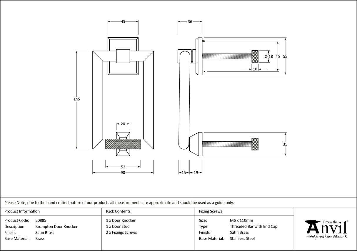 From The Anvil - Satin Brass Brompton Door Knocker | Sku. 50885 | Trade Door Handles.