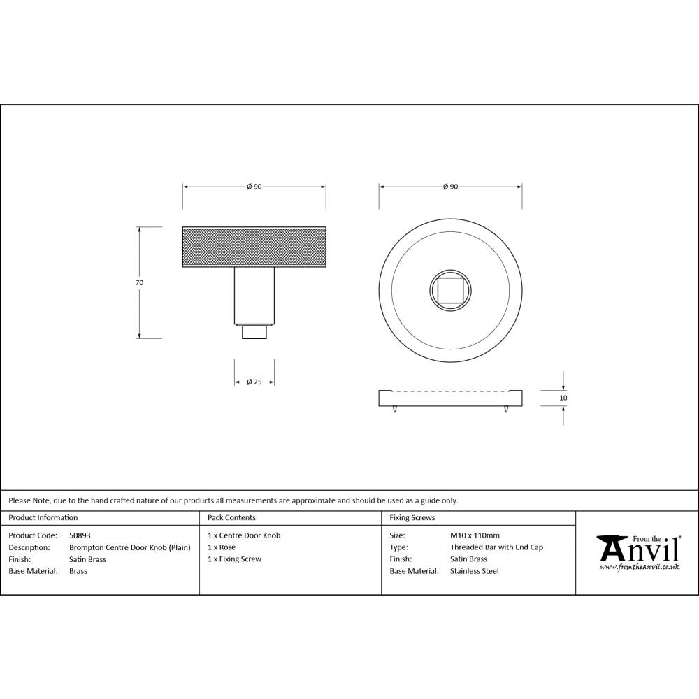 From The Anvil - Satin Brass Brompton Centre Door Knob (Plain) | Sku. 50893 | Trade Door Handles.