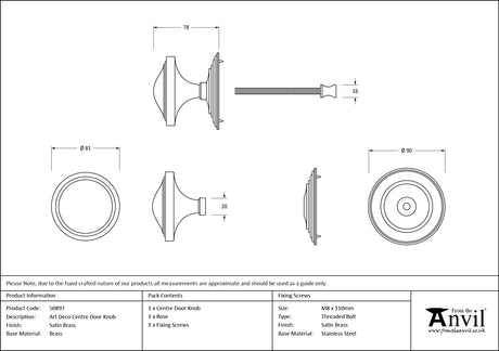 From The Anvil - Satin Brass Art Deco Centre Door Knob | Sku. 50897 | Trade Door Handles.