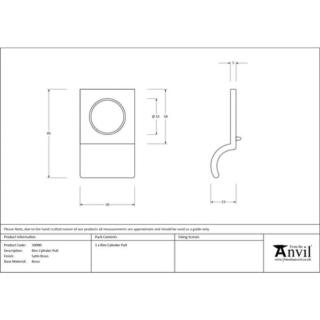 From The Anvil - Satin Brass Rim Cylinder Pull | Sku. 50900 | Trade Door Handles.