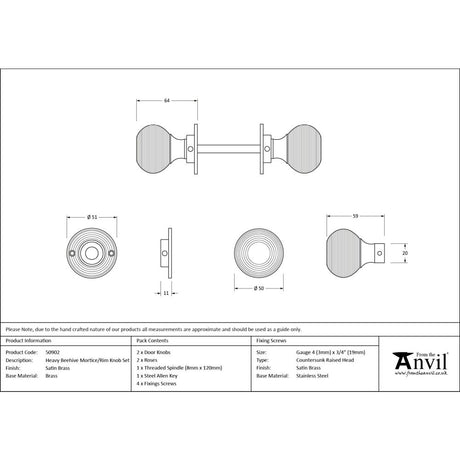 From The Anvil - Satin Brass Heavy Beehive Mortice/Rim Knob Set | Sku. 50902 | Trade Door Handles.