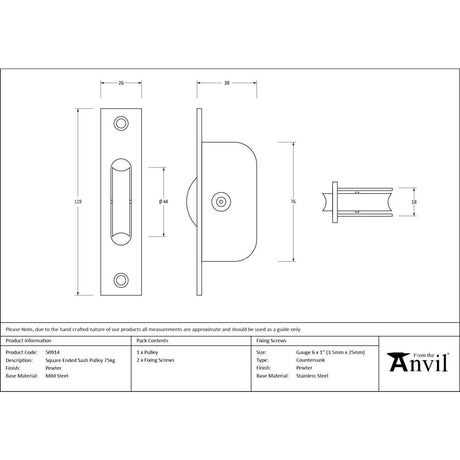 From The Anvil - Pewter Square Ended Sash Pulley 75kg | Sku. 50914 | Trade Door Handles.