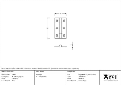 From The Anvil - Satin Brass 2" Butt Hinge (pair) | Sku. 50915 | Trade Door Handles.