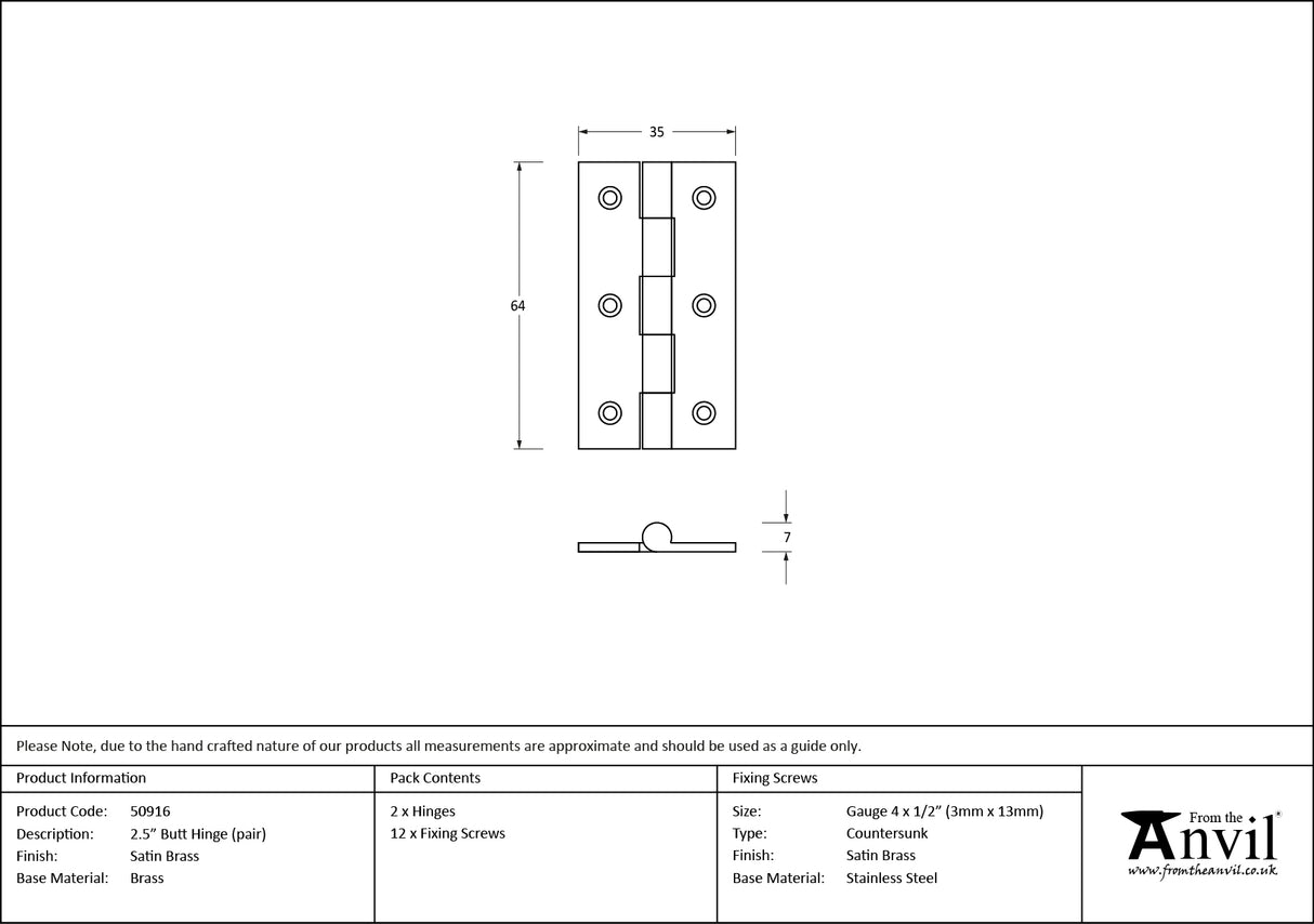 From The Anvil - Satin Brass 2.5" Butt Hinge (pair) | Sku. 50916 | Trade Door Handles.