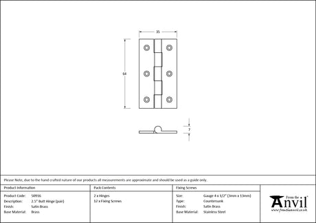 From The Anvil - Satin Brass 2.5" Butt Hinge (pair) | Sku. 50916 | Trade Door Handles.