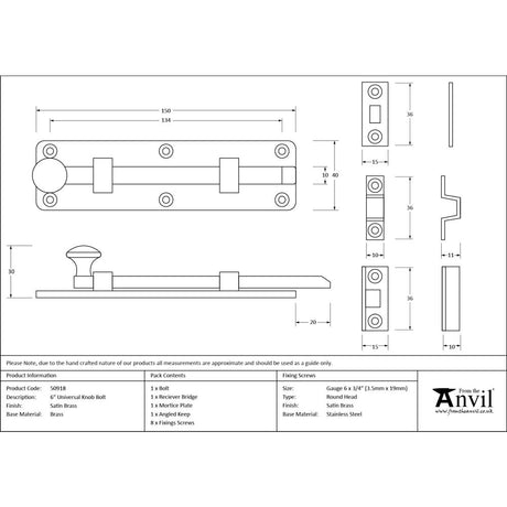 From The Anvil - Satin Brass 6" Universal Bolt | Sku. 50918 | Trade Door Handles.