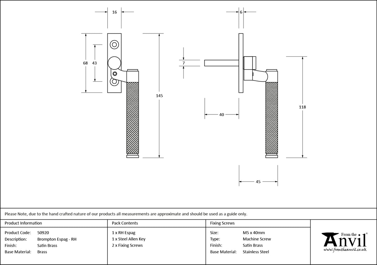 From The Anvil - Satin Brass Brompton Espag - RH | Sku. 50920 | Trade Door Handles.