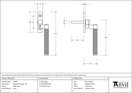 From The Anvil - Satin Brass Brompton Espag - RH | Sku. 50920 | Trade Door Handles.