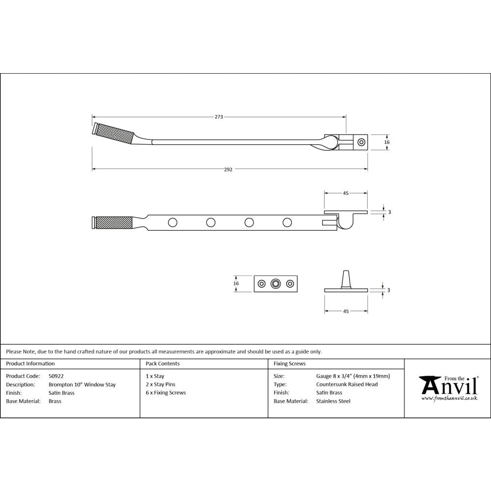 From The Anvil - Satin Brass 10" Brompton Stay | Sku. 50922 | Trade Door Handles.