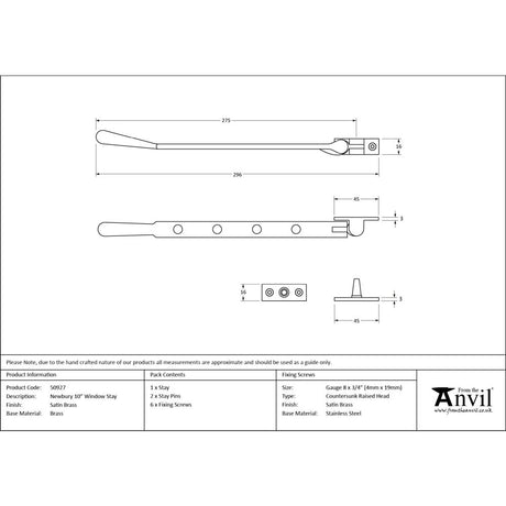 From The Anvil - Satin Brass 10" Newbury Stay | Sku. 50927 | Trade Door Handles.
