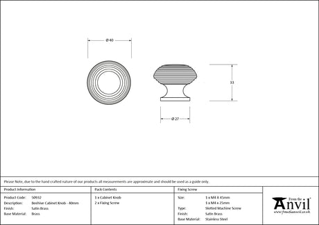 From The Anvil - Satin Brass Beehive Cabinet Knob 40mm | Sku. 50932 | Trade Door Handles.