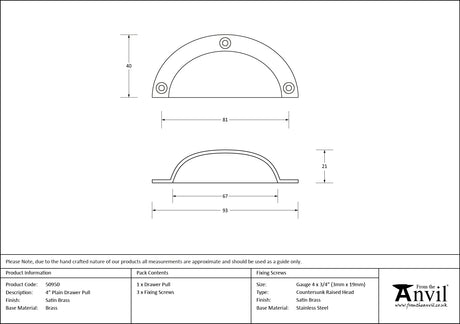 From The Anvil - Satin Brass 4" Plain Drawer Pull | Sku. 50950 | Trade Door Handles.