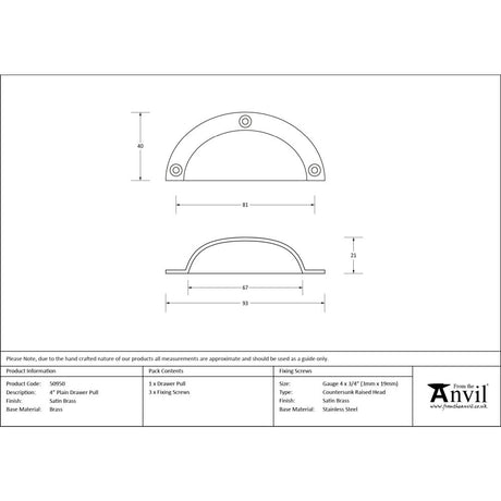 From The Anvil - Satin Brass 4" Plain Drawer Pull | Sku. 50950 | Trade Door Handles.