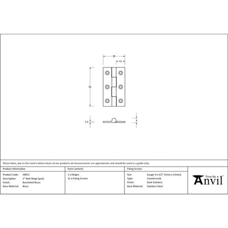From The Anvil - Burnished Brass 2" Butt Hinge (pair) | Sku. 50952 | Trade Door Handles.