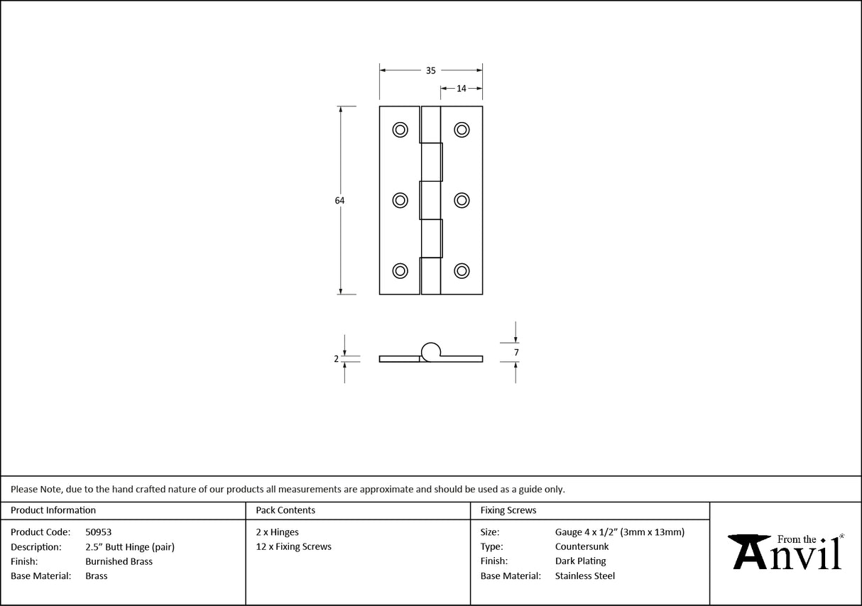 From The Anvil - Burnished Brass 2.5" Butt Hinge (pair) | Sku. 50953 | Trade Door Handles.