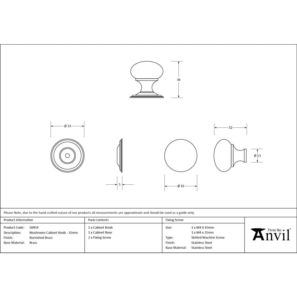 From The Anvil - Burnished Brass Mushroom Cabinet Knob 32mm | Sku. 50954 | Trade Door Handles.