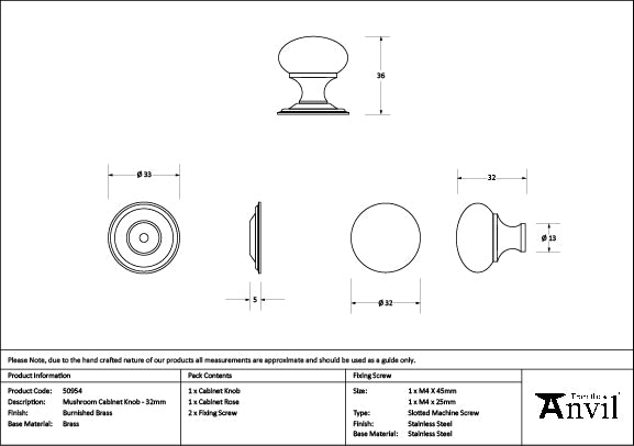 From The Anvil - Burnished Brass Mushroom Cabinet Knob 32mm