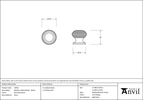 From The Anvil - Burnished Brass Beehive Cabinet Knob 30mm | Sku. 50956 | Trade Door Handles.