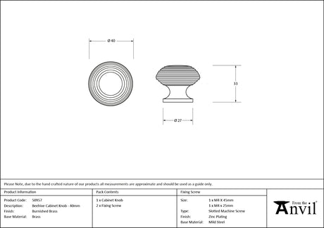 From The Anvil - Burnished Brass Beehive Cabinet Knob 40mm | Sku. 50957 | Trade Door Handles.