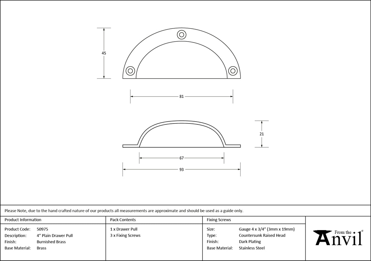 From The Anvil - Burnished Brass 4" Plain Drawer Pull | Sku. 50975 | Trade Door Handles.