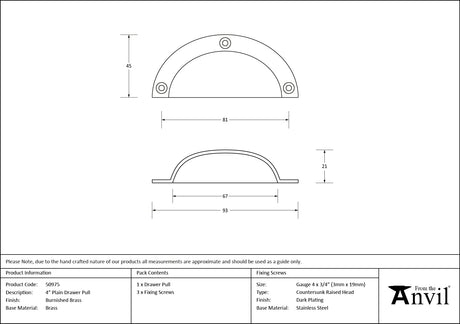 From The Anvil - Burnished Brass 4" Plain Drawer Pull | Sku. 50975 | Trade Door Handles.