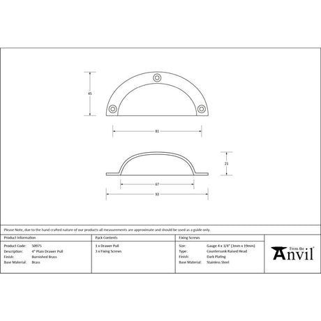 From The Anvil - Burnished Brass 4" Plain Drawer Pull | Sku. 50975 | Trade Door Handles.