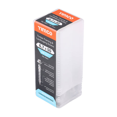 This is an image of Timco - Timber Frame Construction & Landscaping Screws - Hex - A4 Stainless Steel 6.7 x 50mm - (25 PCS Tube) 50INDEXSST