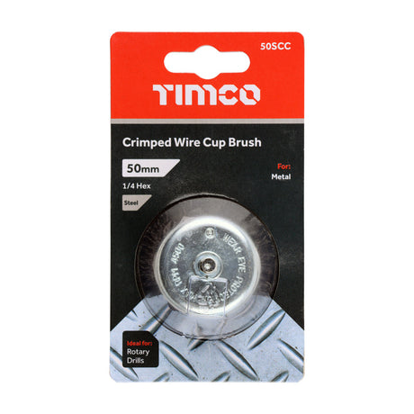This is an image of Timco - Drill Cup Brush - Crimped Steel Wire 50mm (1 Each Blister Pack) 50SCC
