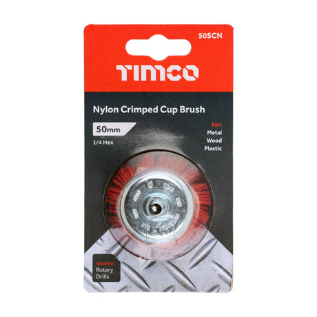 This is an image of Timco - Drill Cup Brush - Nylon 50mm (1 Each Blister Pack) 50SCN