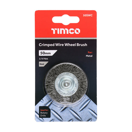 This is an image of Timco - Drill Wheel Brush - Crimped Steel Wire 50mm (1 Each Blister Pack) 50SWC