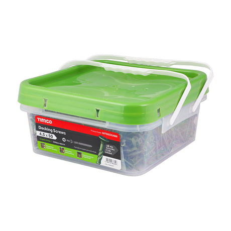 This is an image of Timco - Decking Screws - PZ - Double Countersunk - Exterior - Green 4.5 x 50mm - (2000 PCS Tub) 50TDECK2000