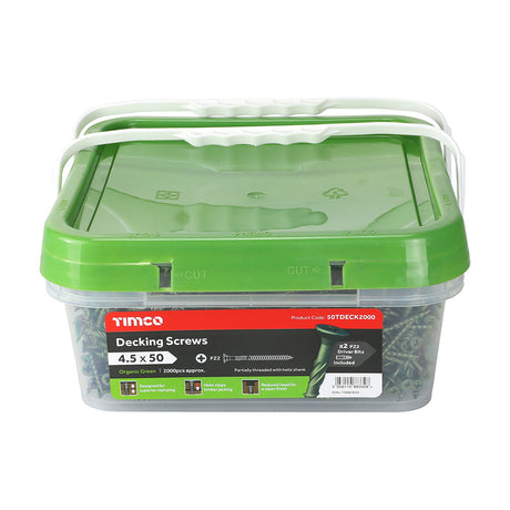 This is an image of Timco - Decking Screws - PZ - Double Countersunk - Exterior - Green 4.5 x 50mm - (2000 PCS Tub) 50TDECK2000