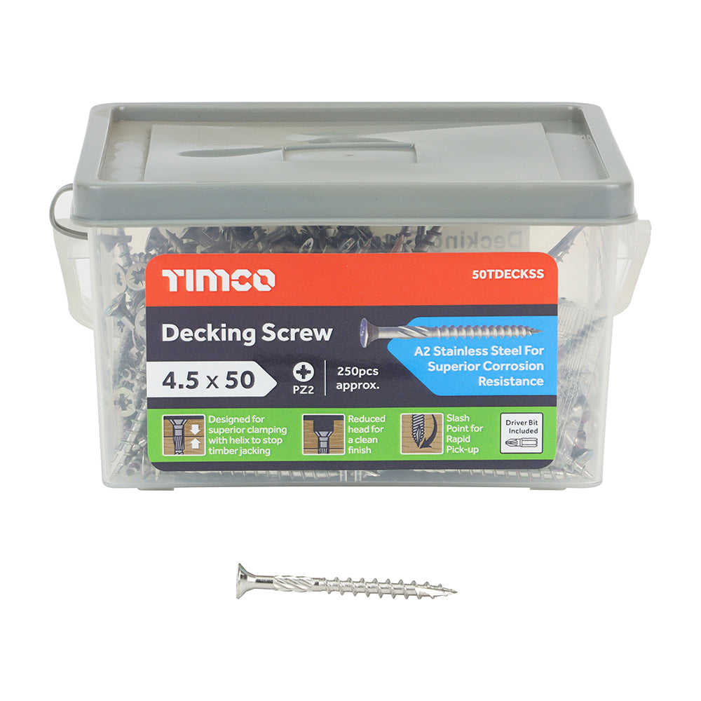 This is an image of Timco - Decking Screws - PZ - Double Countersunk - Stainless Steel 4.5 x 50mm - (250 PCS Tub) 50TDECKSS