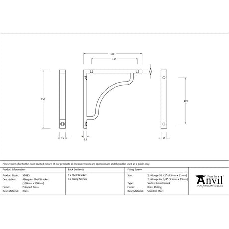 From The Anvil - Polished Brass Abingdon Shelf Bracket (150mm x 150mm) | Sku. 51085 | Trade Door Handles.