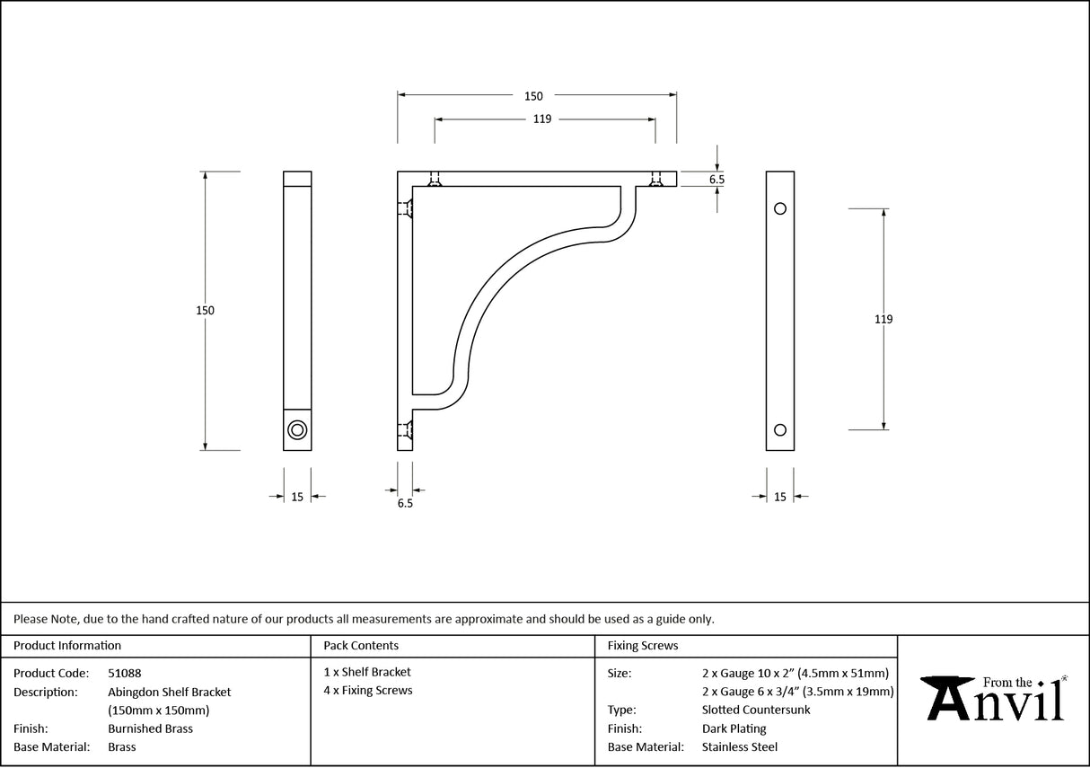 From The Anvil - Burnished Brass Abingdon Shelf Bracket (150mm x 150mm) | Sku. 51088 | Trade Door Handles.