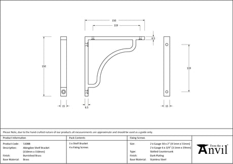 From The Anvil - Burnished Brass Abingdon Shelf Bracket (150mm x 150mm) | Sku. 51088 | Trade Door Handles.