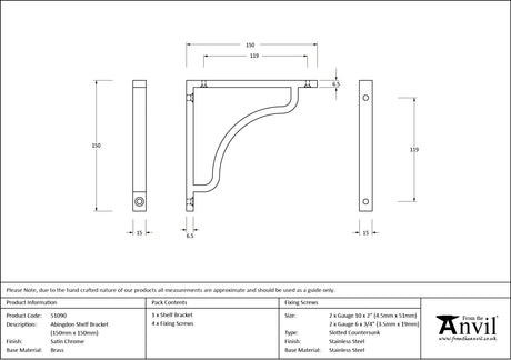From The Anvil - Satin Chrome Abingdon Shelf Bracket (150mm x 150mm) | Sku. 51090 | Trade Door Handles.