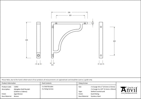From The Anvil - Aged Bronze Abingdon Shelf Bracket (150mm x 150mm) | Sku. 51092 | Trade Door Handles.