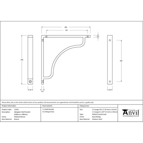 From The Anvil - Polished Bronze Abingdon Shelf Bracket (200mm x 200mm) | Sku. 51103 | Trade Door Handles.